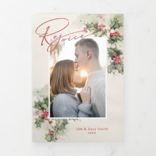 Artistieke Waterverf Holly Rejoice Script & Photo Drieluik Kaart