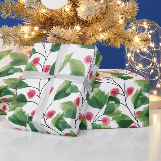 Artistieke Waterverf Rood en Groene Berry Branches Cadeaupapier (Feestdagen)