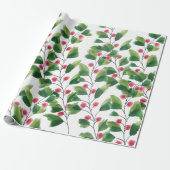 Artistieke Waterverf Rood en Groene Berry Branches Cadeaupapier (Uitgerold)