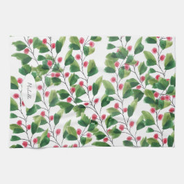 Artistieke Waterverf Rood en Groene Berry Branches Theedoek