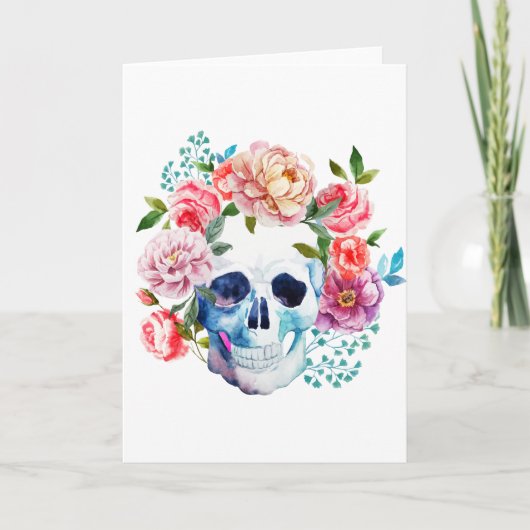 Artistieke waterverf schedel en bloemen kaart (Voorkant)