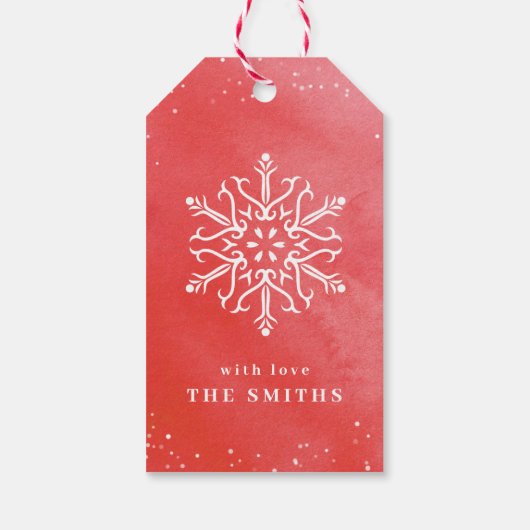 Artistieke Waterverf Snowflake Red Kerstmis Cadeaulabel (Achterkant)