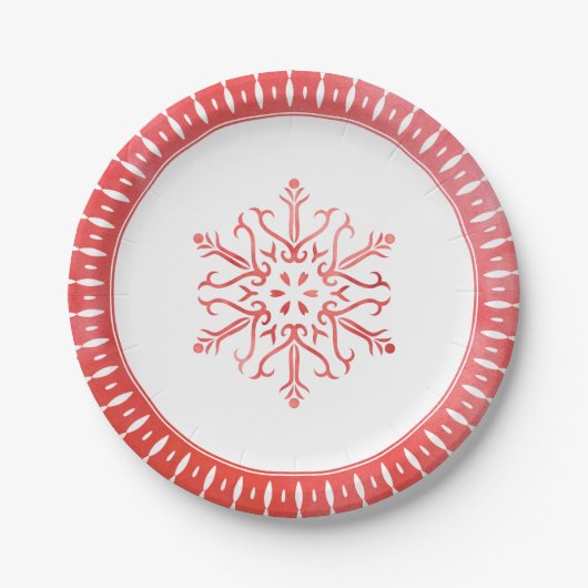 Artistieke Waterverf Snowflake Red Kerstmis Papieren Bordje (Voorkant)