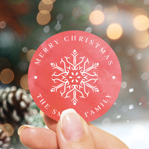 Artistieke Waterverf Snowflake Red Kerstmis Ronde Sticker