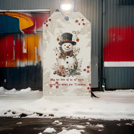 Artistieke Waterverf Snowman Beige Floral Cadeaulabel