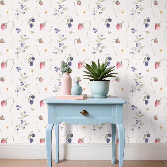 Artistieke Waterverf Wilde bessen & Bloemenmotief Behang (Artistic Watercolor Wild Berries & Floral Pattern Wallpaper)