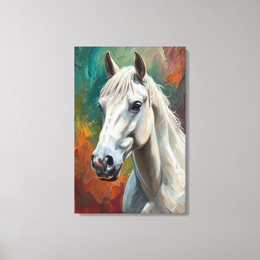 Artistieke witte paard portret levendige olieverfs canvas afdruk (Voorkant)