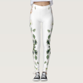 Artistieke witte roos en bladeren leggings