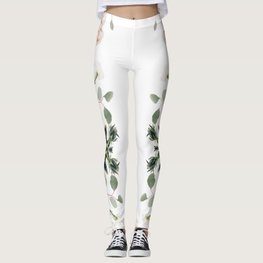 Artistieke witte roos en bladeren leggings (Voorkant)