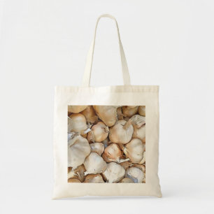 Artistieke zwarte bovenkunst met knoflook tote bag