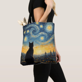 Artistieke Zwarte Kat & Hemelse Stad Herbruikbaar Tote Bag