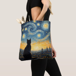 Artistieke Zwarte Kat & Hemelse Stad Herbruikbaar Tote Bag