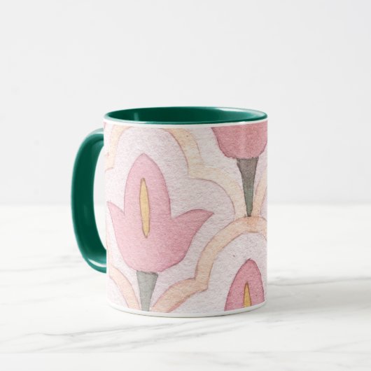 Artistisch antiek donkergroen en roze tulpen retro mok (Voorkant links)