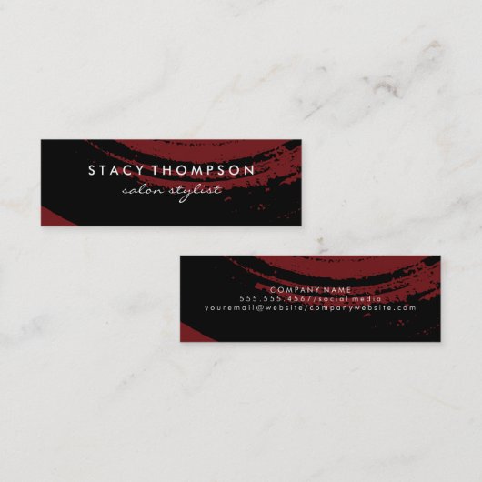 Artistisch geborsteld zwart op diep rood mini visitekaartje (Voorkant / Achterkant)