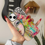 Artistisch portret meisje met zwart wit gebrand Case-Mate iPhone case<br><div class="desc">Deze telefoondraagtas heeft alleen de rechterzijde van mijn originele schilderij van een kleurrijk meisje met een leuk zwart-wit lettertype aan de voorkant en een zwart-wit jestermeisje met een heldere,  kleurrijke achtergrond.</div>