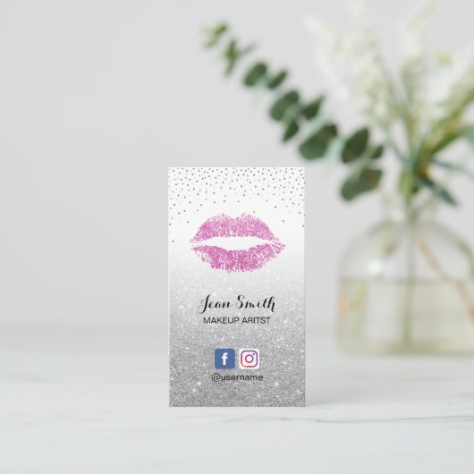 Artistische roze lips crème Silver Glitter Salon Visitekaartje (Staand voorkant)