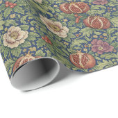 Arts and Crafts Navy Blue Pomegranate Floral Cadeaupapier (Rol Hoek)