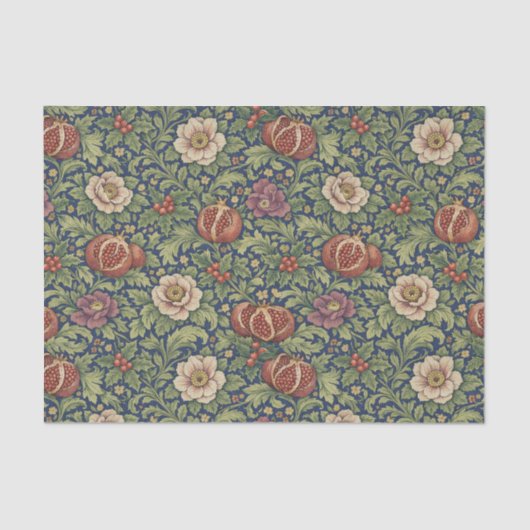 Arts and Crafts Navy Blue Pomegranate Floral Tissuepapier (Voorkant)