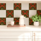 Arts and Crafts Poppy Bloemen op Olijfgroen Tegeltje