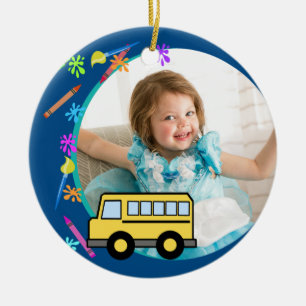 Arts and Crafts School Bus Blauw Keramisch Ornament
