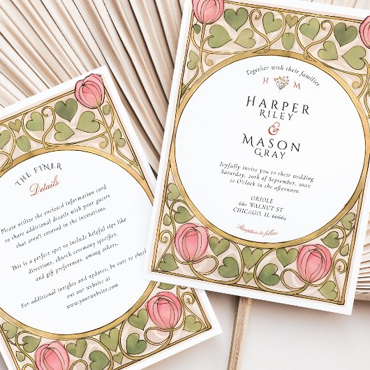 Arts & Crafts Roze Tulp & Harten Trouwen Kaart