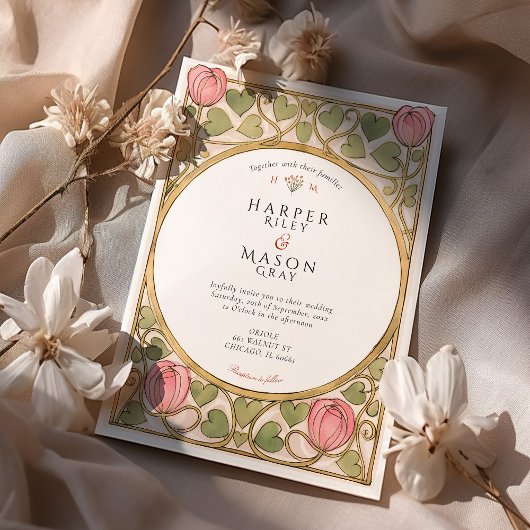 Arts & Crafts Roze Tulp & Harten Trouwen Kaart