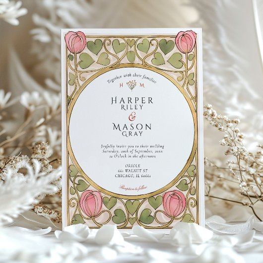 Arts & Crafts Roze Tulp & Harten Trouwen Kaart