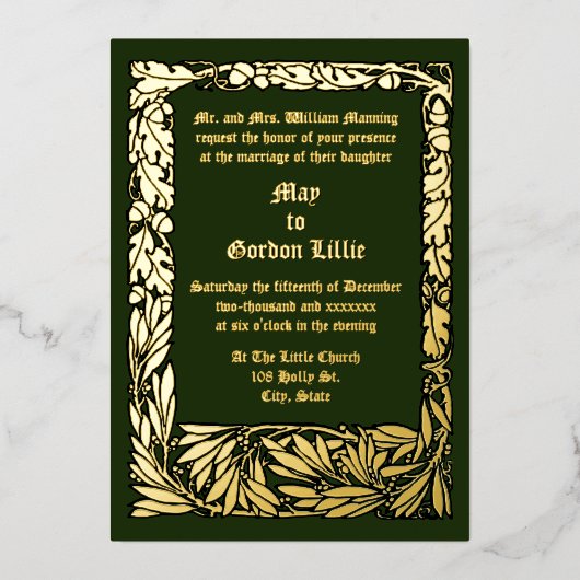 Arts & Crafts Stijl Eikels & Eikenbladeren Rand Folie Uitnodiging (Voorkant)