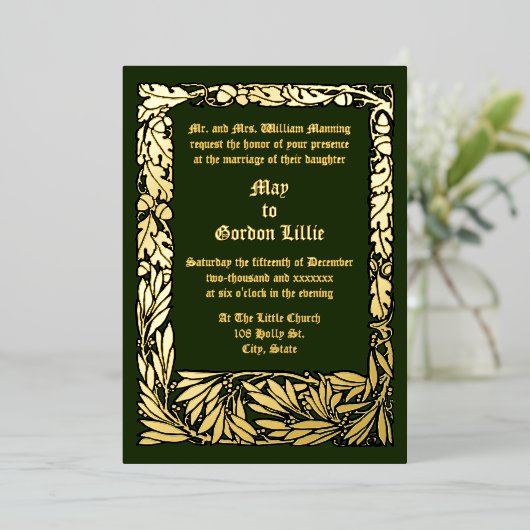 Arts & Crafts Stijl Eikels & Eikenbladeren Rand Folie Uitnodiging (Staand Voorkant)