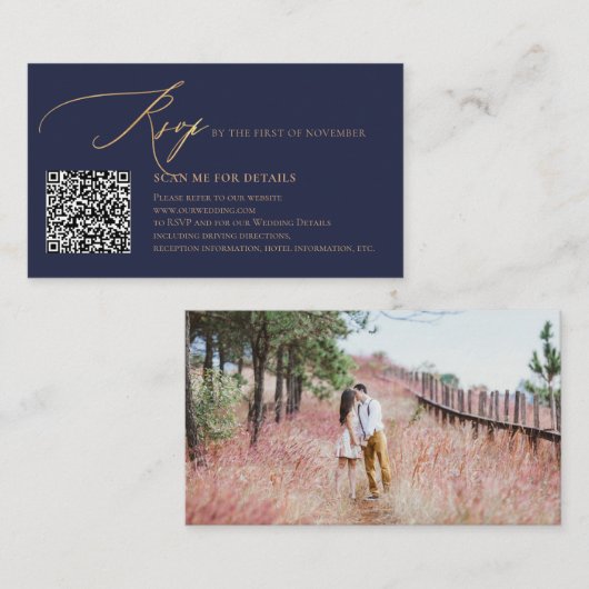 ArtsApp Blue QR Code RSVP Faux Gold Calligraphy Informatiekaartje (Voorkant / Achterkant)