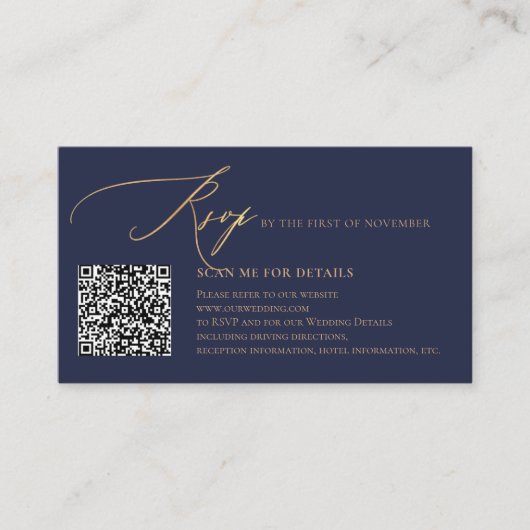 ArtsApp Blue QR Code RSVP Faux Gold Calligraphy Informatiekaartje (Voorkant)