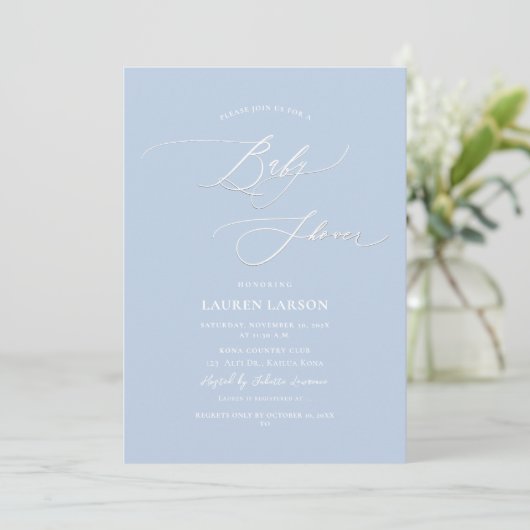 ArtsApp Elegant Calligraphy Baby Blue Baby shower Kaart (Staand voorkant)
