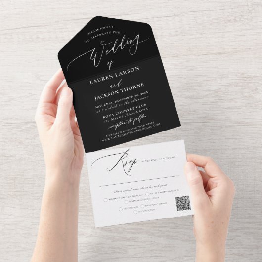 ArtsApp Elegant Calligraphy Black White Wedding All In One Uitnodiging (Afscheurbaar)