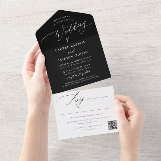 ArtsApp Elegant Calligraphy Black White Wedding All In One Uitnodiging (Afscheurbaar)