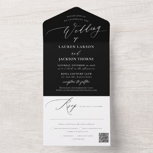 ArtsApp Elegant Calligraphy Black White Wedding All In One Uitnodiging (Binnen)