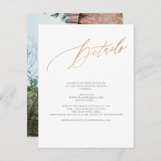 ArtsApp Elegant — Details Faux Gold Luxe Calligraf RSVP Kaartje (Voorkant / Achterkant)