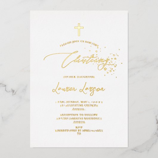 ArtsApp Elegant Faux Gold Calligraphy Christening Folie Uitnodiging (Voorkant)