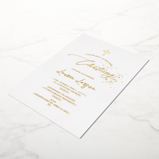 ArtsApp Elegant Faux Gold Calligraphy Christening Folie Uitnodiging (Gedraaid)