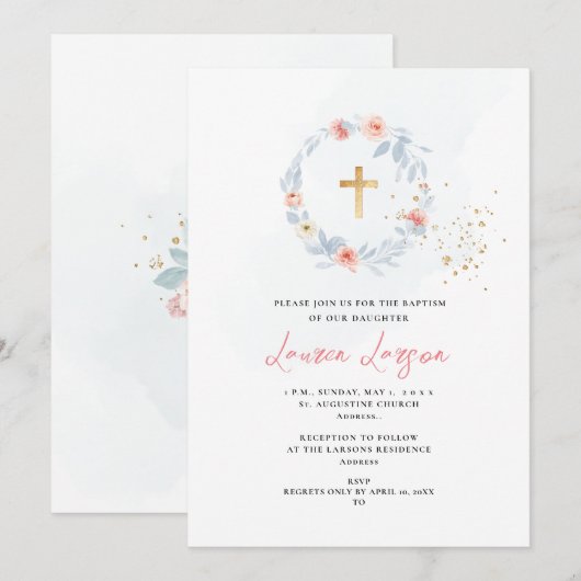 ArtsApp Elegant H2 Bord Roze Rozen Doop Kaart (Voorkant / Achterkant)