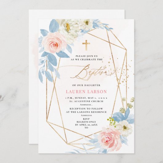 ArtsApp Elegant H2 Bord Roze Rozen Doop Kaart (Voorkant / Achterkant)