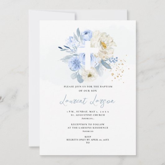 ArtsApp Elegant H2 Stoffig Blauw Rozen Doop Kaart (Voorkant)