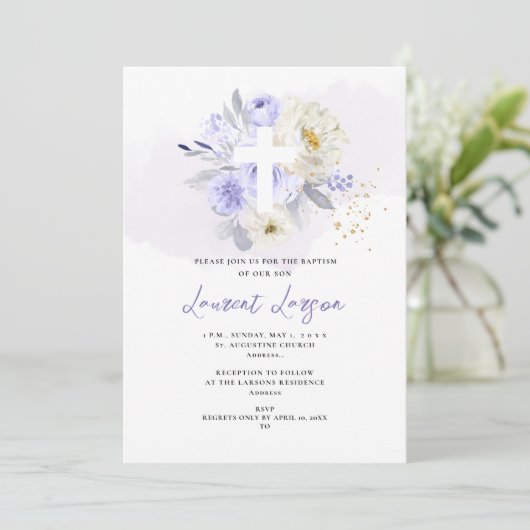 ArtsApp Elegant H2 Stoffig Paarse Rozen Doop Kaart (Staand voorkant)