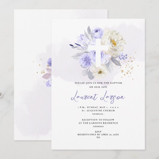 ArtsApp Elegant H2 Stoffig Paarse Rozen Doop Kaart (Voorkant / Achterkant)