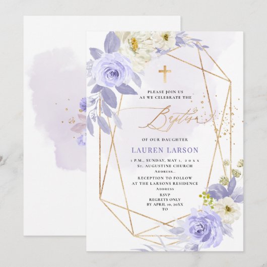 ArtsApp Elegant H2 Stoffig Paarse Rozen Doop Kaart (Voorkant / Achterkant)