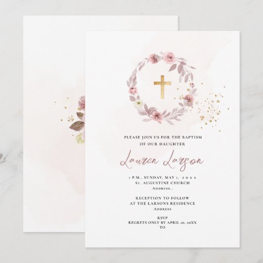 ArtsApp Elegant H2 Stoffig Roos Rozen Doop Kaart (Voorkant / Achterkant)