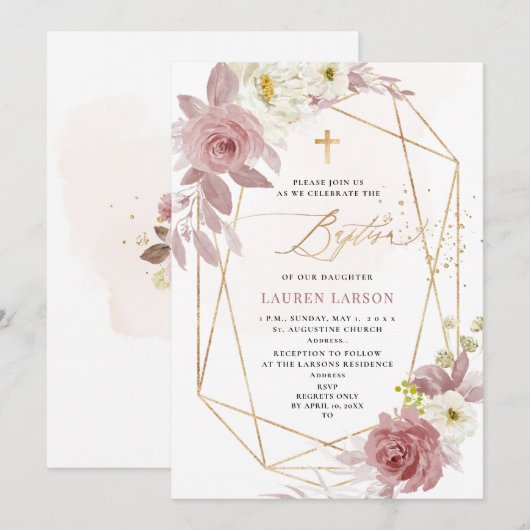 ArtsApp Elegant H2 Stoffig Roze Rozen Doop Kaart (Voorkant / Achterkant)