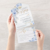 ArtsApp Elegant Stoffig Blauw Rozen Goudstof All In One Uitnodiging (Afscheurbaar)