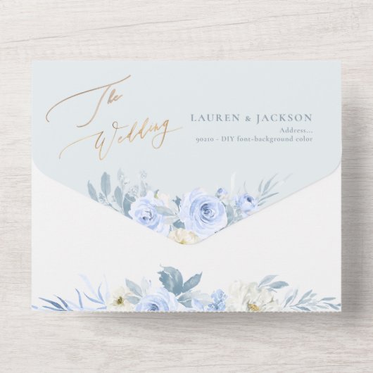 ArtsApp Elegant Stoffig Blauw Rozen Goudstof All In One Uitnodiging (Achterkant)