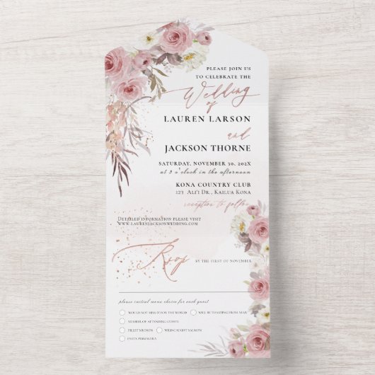 ArtsApp Elegant Stoffig Roze Rozen, Roos Goudstof All In One Uitnodiging (Binnen)