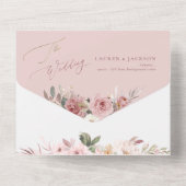 ArtsApp Elegant Stoffig Roze Rozen, Roos Goudstof All In One Uitnodiging (Achterkant)